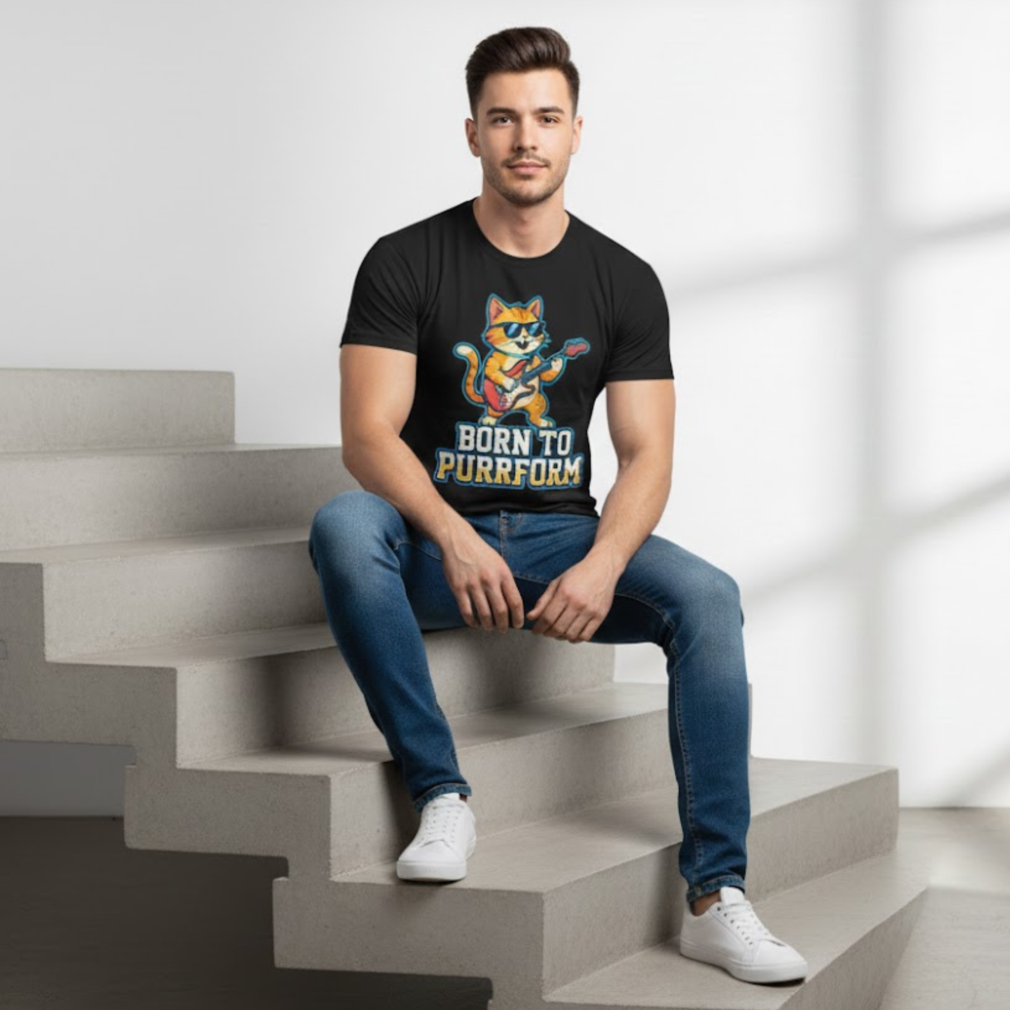 Born to Purrform Cat Guitarist T-Shirt – Funny Cat Lover Musician Tee | Rock Band Guitar Cat Shirt