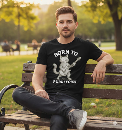 Born to Purrform T-Shirt – Funny Cat Lover Tee with Guitar Playing Kitty | Cute Music & Pet Lover Gift