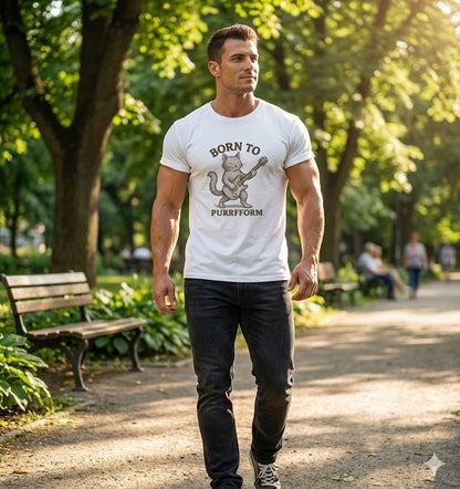 Born to Purrform Cat Guitar T-Shirt – Funny Music Lover & Cat Lover Graphic Tee for Men