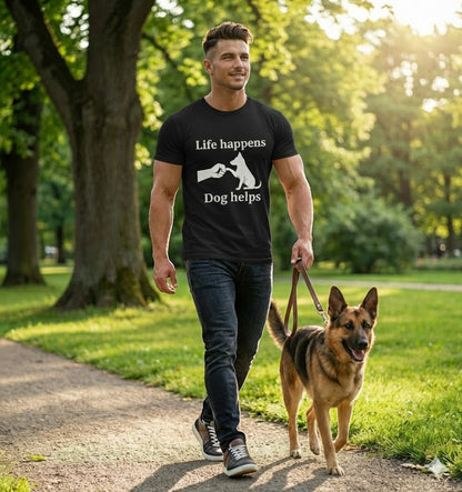 Life Happens Dog Helps T-Shirt – Minimalist Dog Lover Tee with White Silhouette Design