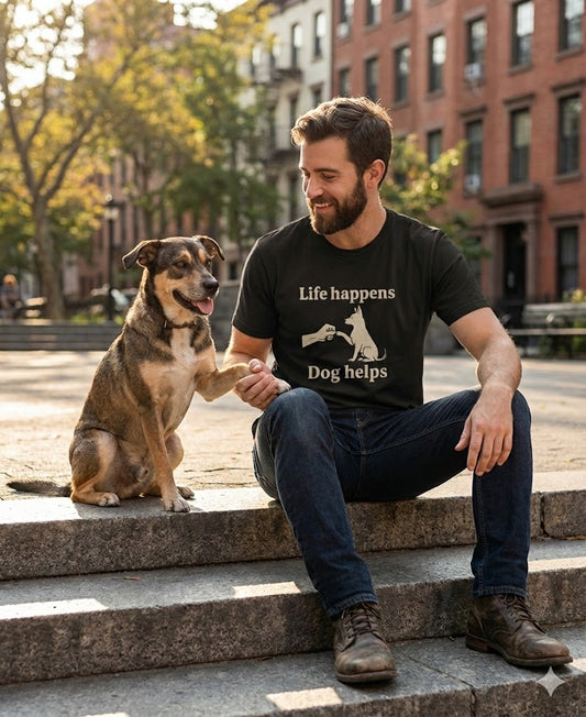 Life Happens Dog Helps T-Shirt – Minimalist Dog Lover Tee with White Silhouette Design